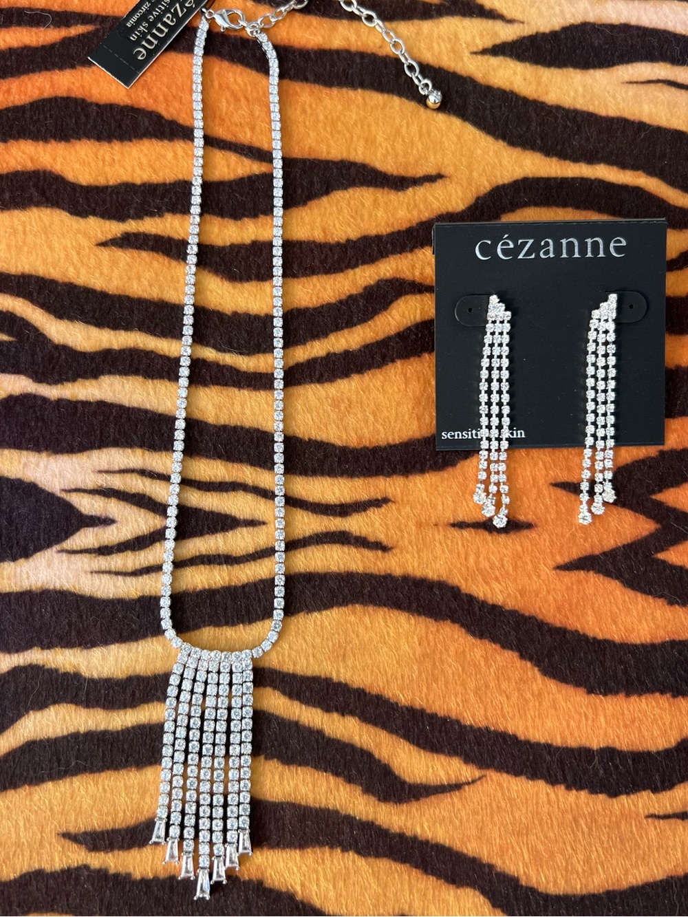Cezanne Cubic Zirconia Fringe Necklace and Earrings Set for Sensitive Skin. NWT